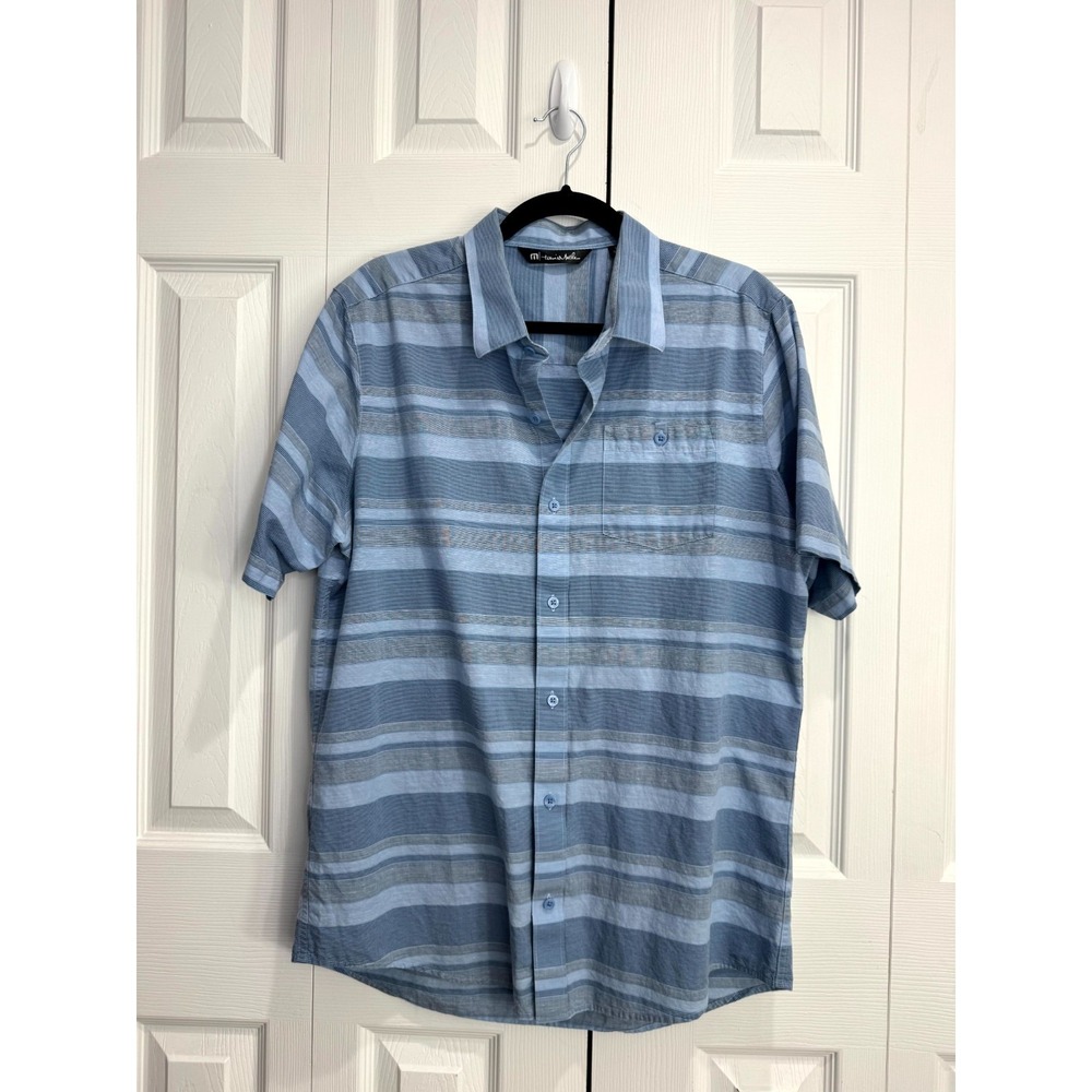 Travis Mathew Button Up Shirt Men's Large Blue Striped Short Sleeve Classic